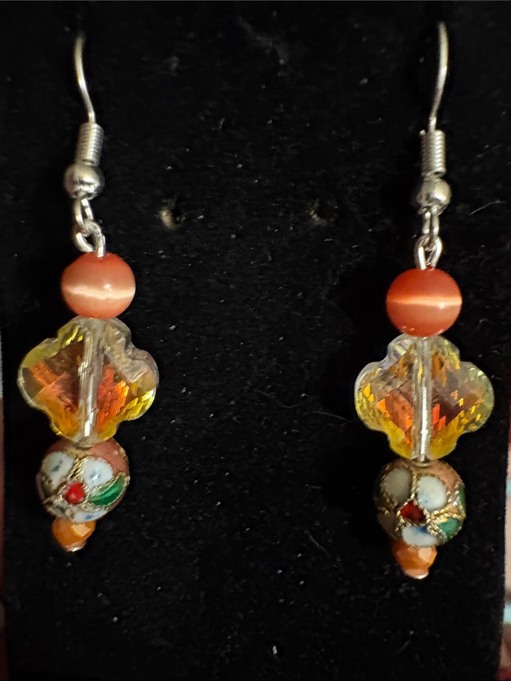 Hand Crafted Orange and Yellow Bead Drop Earrings with Cloisonné Accents